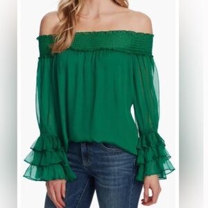 CeCe Green Off-Shoulder Blouse with Ruffle Sleeves
